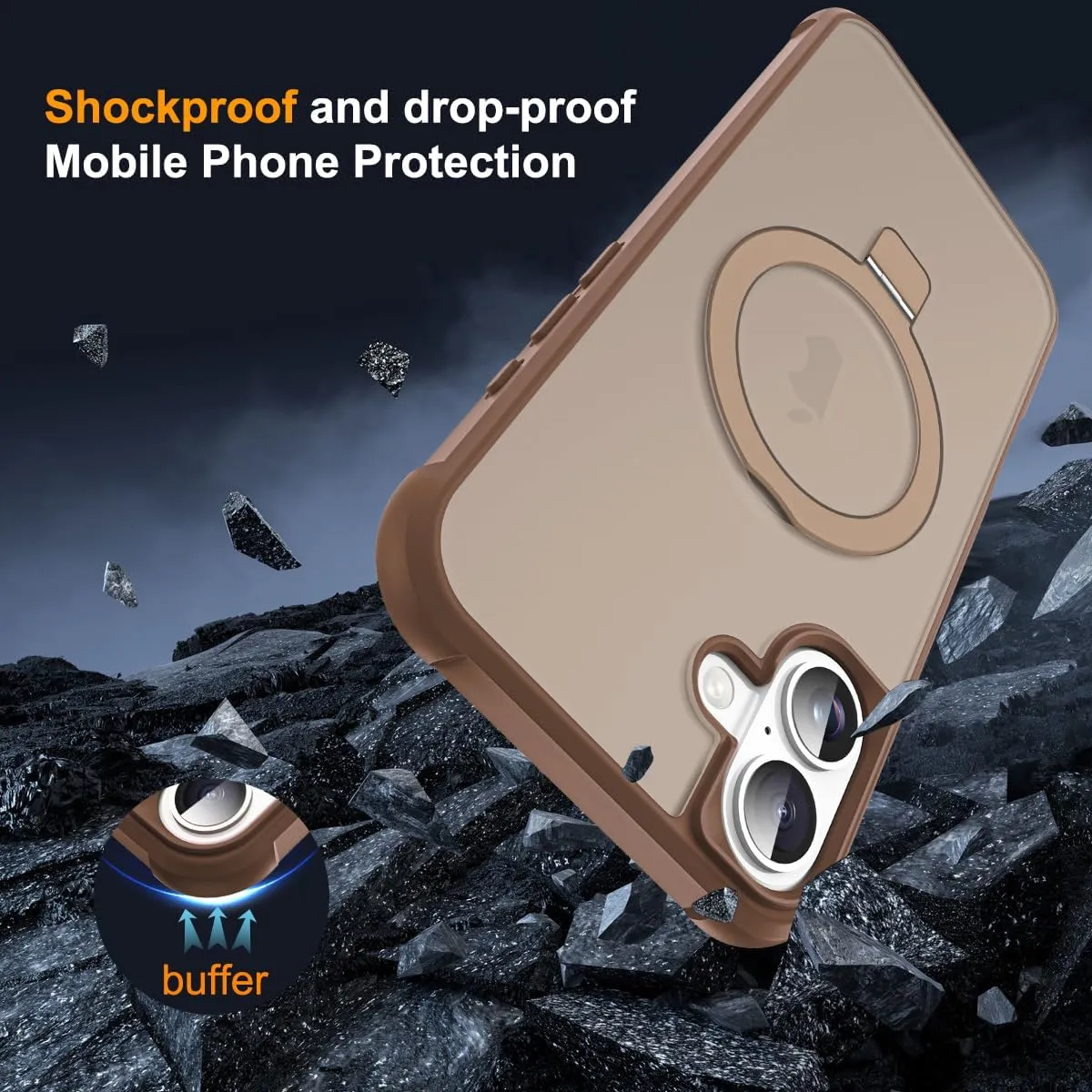 Compatible with iPhone 16 Case with Invisible Magnetic O-Ring Stand Military-Grade Translucent Case for iPhone 16 6.1" [Compatible with Mag-Safe][Great Grip Feeling],Desert Brown