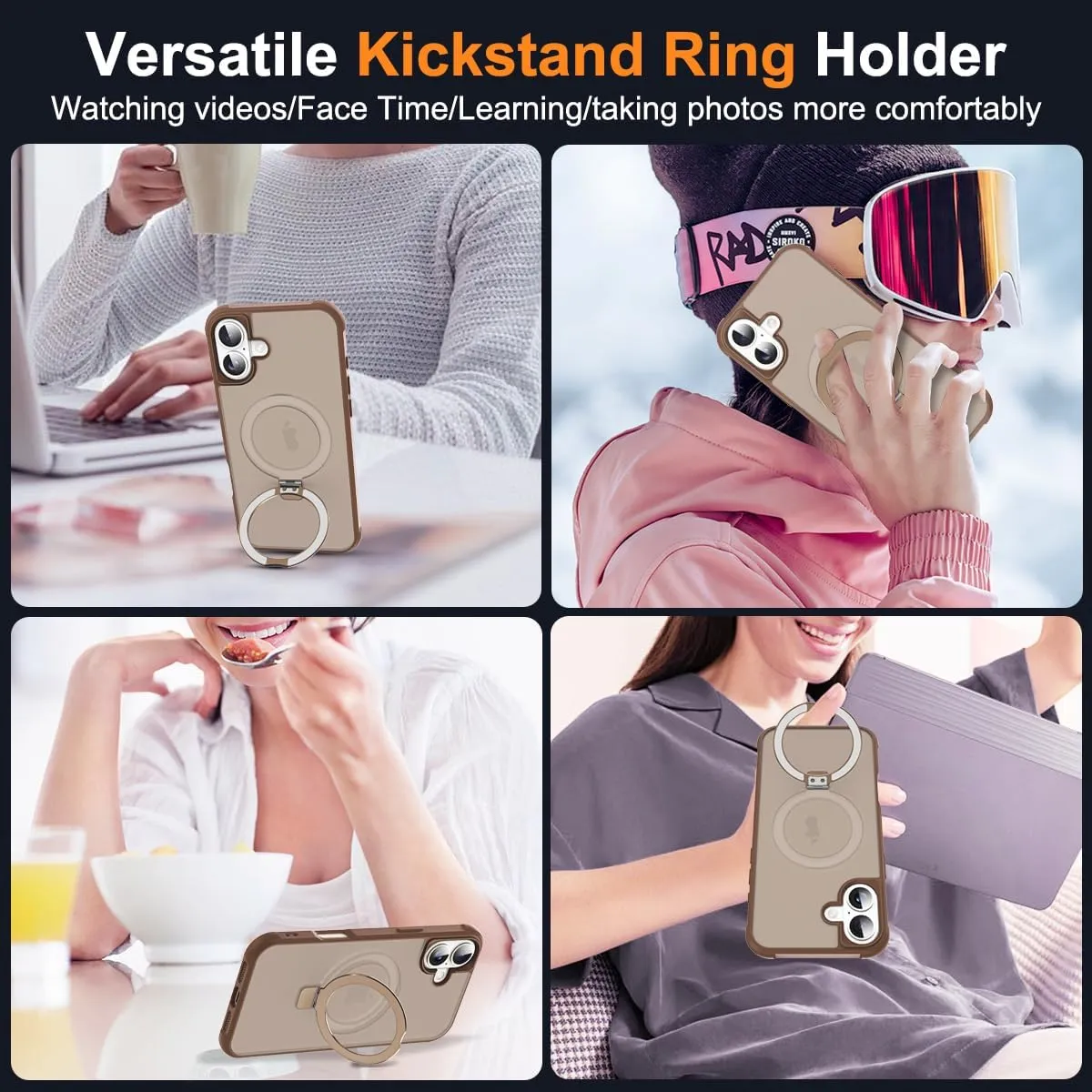 Compatible with iPhone 16 Case with Invisible Magnetic O-Ring Stand Military-Grade Translucent Case for iPhone 16 6.1" [Compatible with Mag-Safe][Great Grip Feeling],Desert Brown