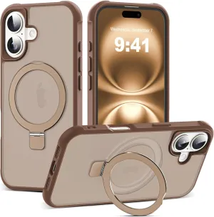 Compatible with iPhone 16 Case with Invisible Magnetic O-Ring Stand Military-Grade Translucent Case for iPhone 16 6.1" [Compatible with Mag-Safe][Great Grip Feeling],Desert Brown