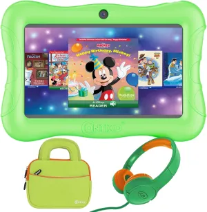 Contixo 7 inch Kids Tablet Bundle - Android Tablets and Kids Wired Headphones, with 50  Disney Storybooks (Value $200), WiFi, 32GB ROM, Learning Tablet for Kids - Green