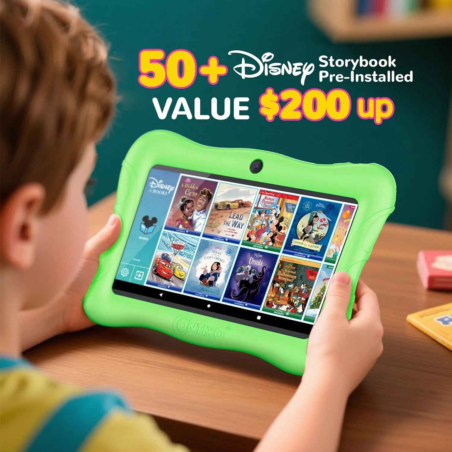 Contixo 7 inch Kids Tablet Bundle - Android Tablets and Kids Wired Headphones, with 50  Disney Storybooks (Value $200), WiFi, 32GB ROM, Learning Tablet for Kids - Green