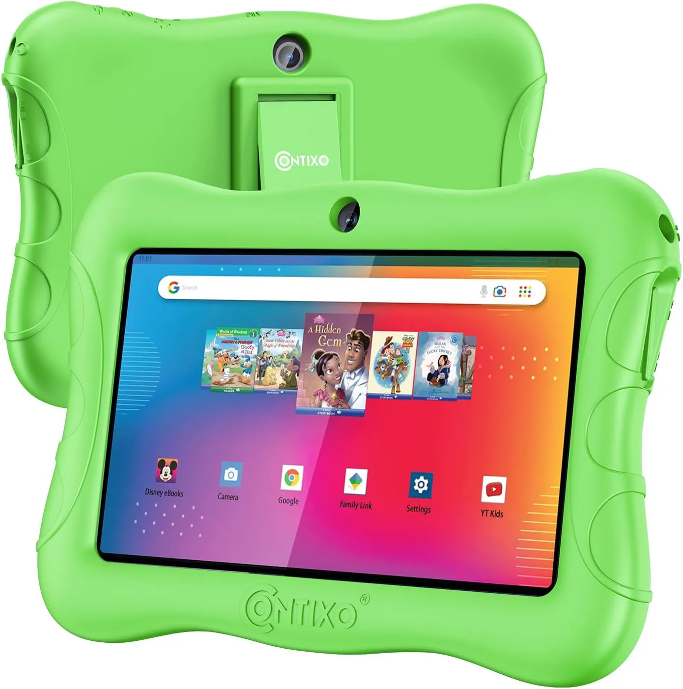 Contixo 7 inch Kids Tablet Bundle - Android Tablets and Kids Wired Headphones, with 50  Disney Storybooks (Value $200), WiFi, 32GB ROM, Learning Tablet for Kids - Green