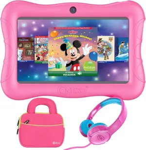 Contixo 7 inch Kids Tablet Bundle - Android Tablets and Kids Wired Headphones, with 50  Disney Storybooks (Value $200), WiFi, 32GB ROM, Learning Tablet for Kids - Pink