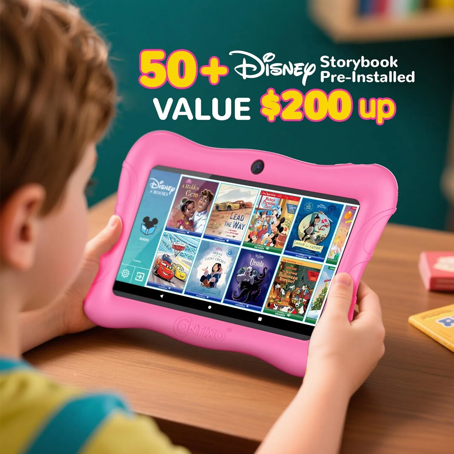 Contixo 7 inch Kids Tablet Bundle - Android Tablets and Kids Wired Headphones, with 50  Disney Storybooks (Value $200), WiFi, 32GB ROM, Learning Tablet for Kids - Pink
