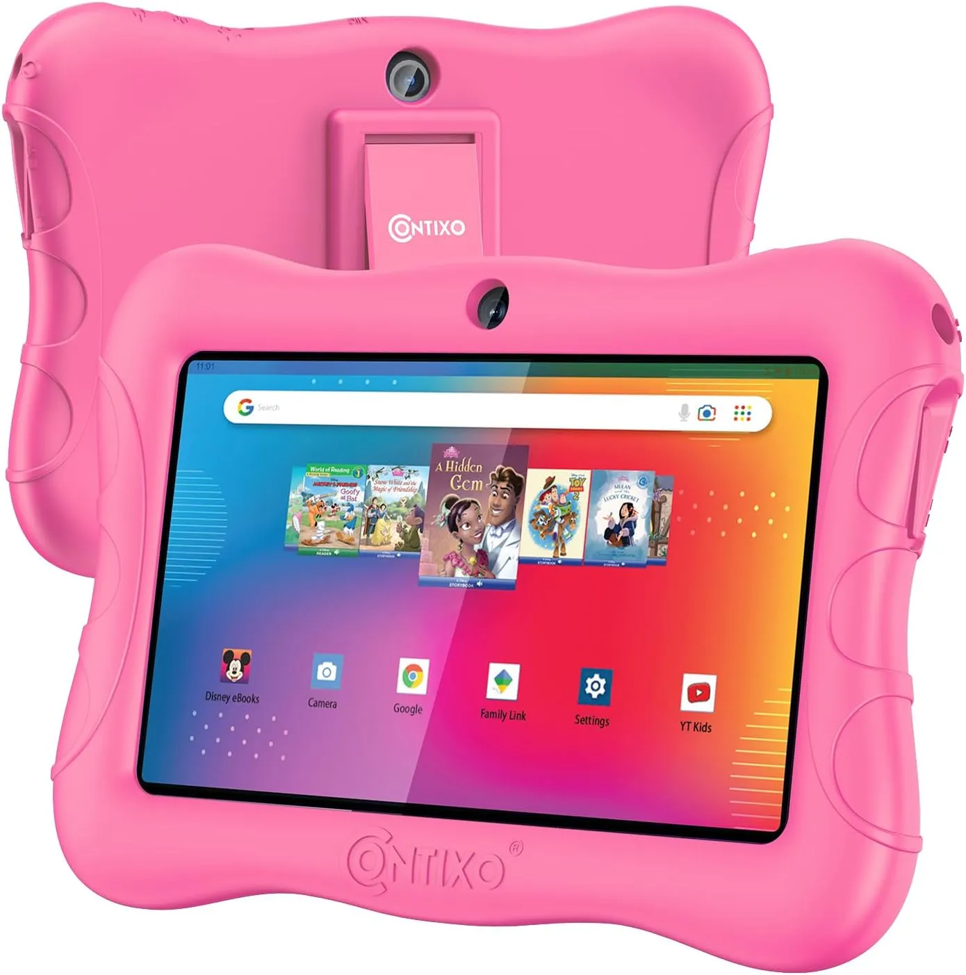 Contixo 7 inch Kids Tablet Bundle - Android Tablets and Kids Wired Headphones, with 50  Disney Storybooks (Value $200), WiFi, 32GB ROM, Learning Tablet for Kids - Pink