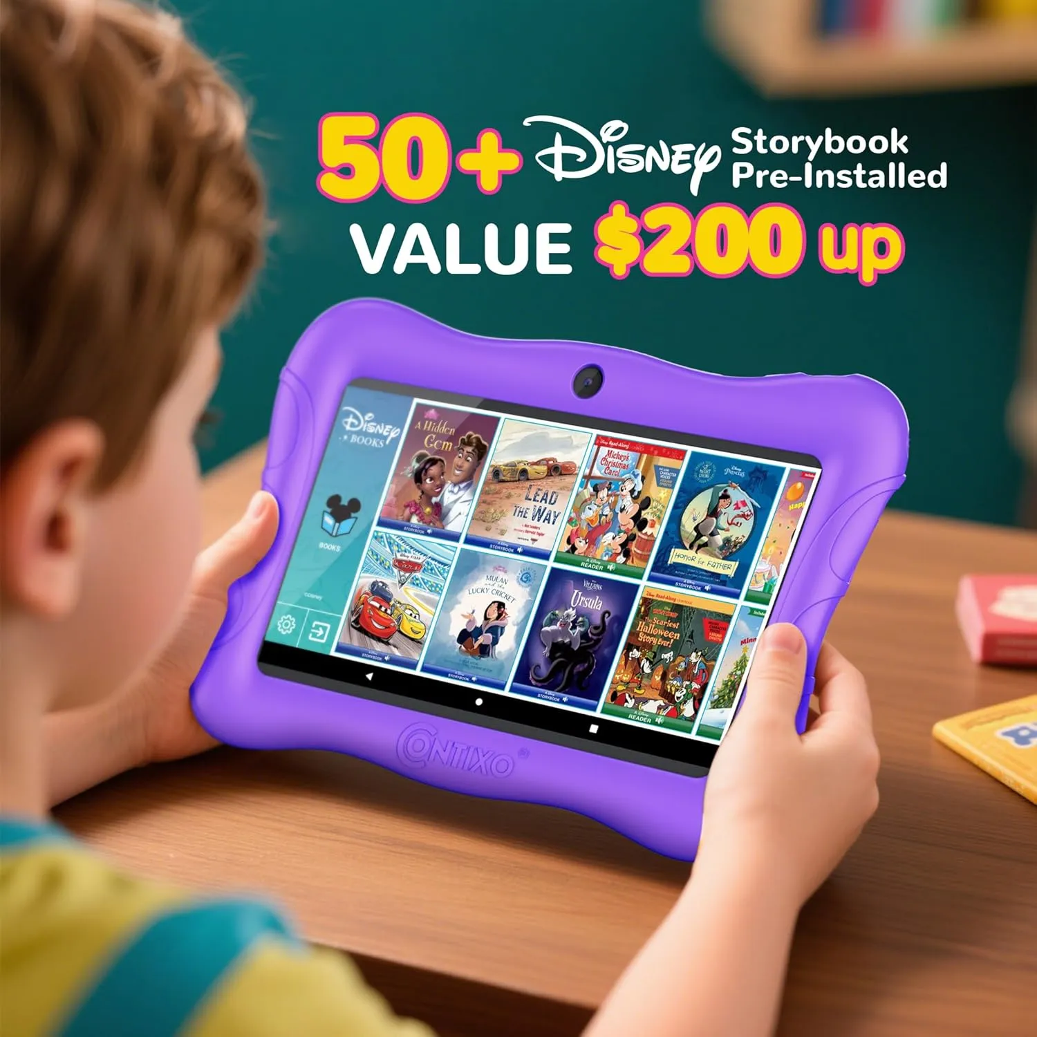 Contixo 7 inch Kids Tablet Bundle - Android Tablets and Kids Wired Headphones, with 50  Disney Storybooks (Value $200), WiFi, 32GB ROM, Learning Tablet for Kids - Purple
