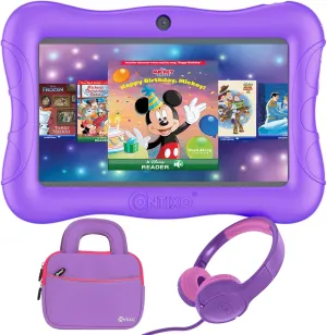 Contixo 7 inch Kids Tablet Bundle - Android Tablets and Kids Wired Headphones, with 50  Disney Storybooks (Value $200), WiFi, 32GB ROM, Learning Tablet for Kids - Purple