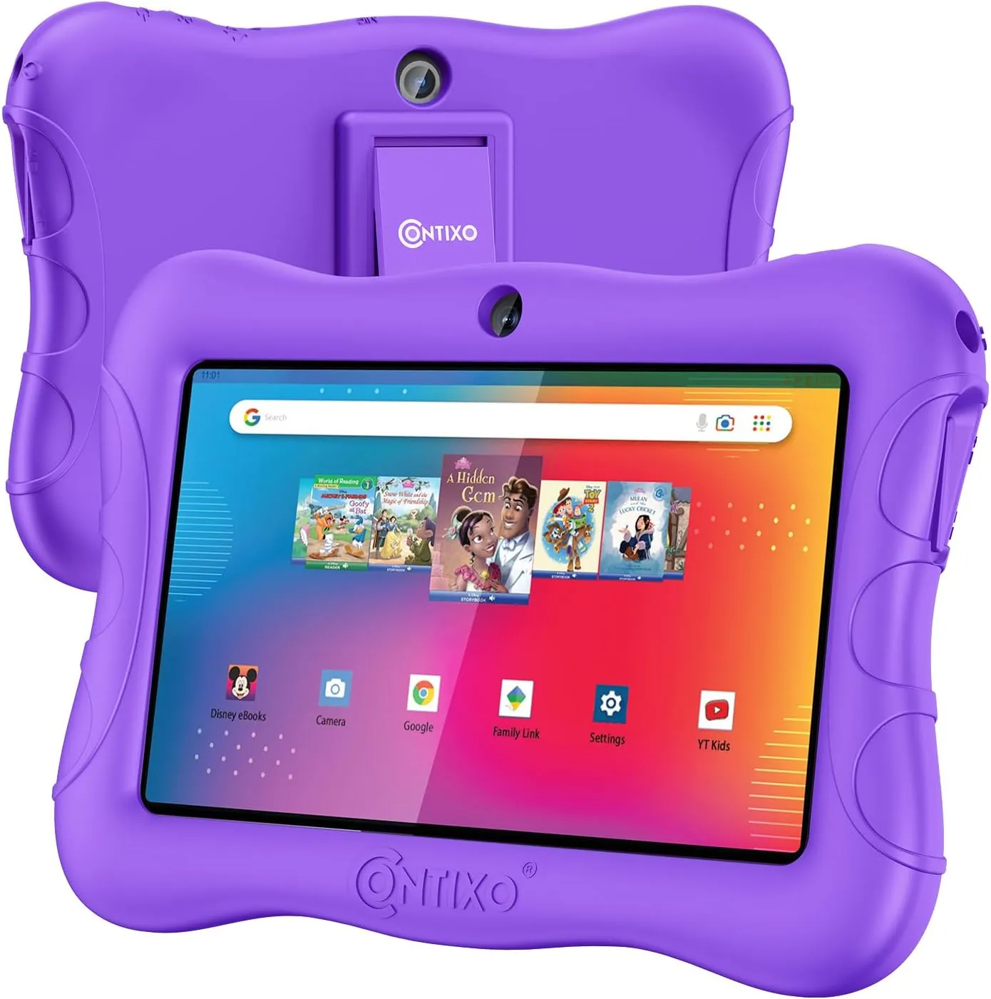 Contixo 7 inch Kids Tablet Bundle - Android Tablets and Kids Wired Headphones, with 50  Disney Storybooks (Value $200), WiFi, 32GB ROM, Learning Tablet for Kids - Purple