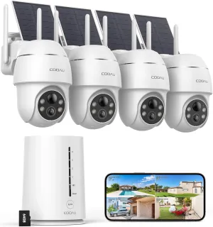 COOAU Cameras for Home Security Outdoor,4MP Solar Security Camera Wireless System,4 Cam-Kit,360 Pan & Tilt,Color Night Vision,Motion Detection,No Monthly Fee,Siren Alarm,IP66,64GB Memory Card