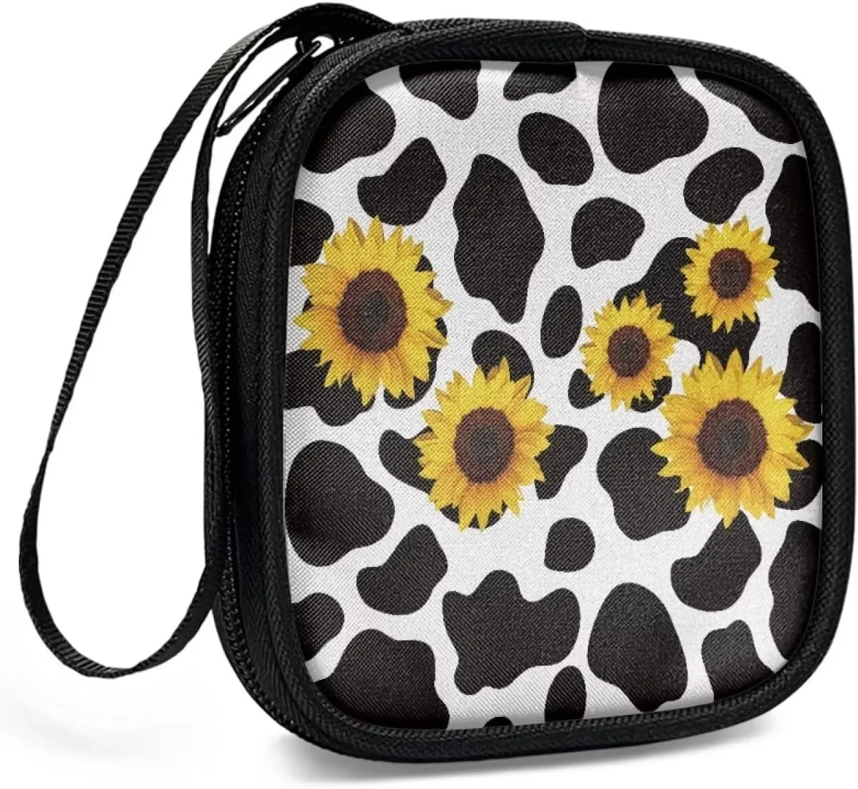 Cow Sunflower Square Earbud Case Portable Headphone Organizer Wired Ear Bud Case Bluetooth Headset Storage Bag with Handle for Date Cable Storage