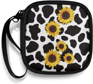 Cow Sunflower Square Earbud Case Portable Headphone Organizer Wired Ear Bud Case Bluetooth Headset Storage Bag with Handle for Date Cable Storage