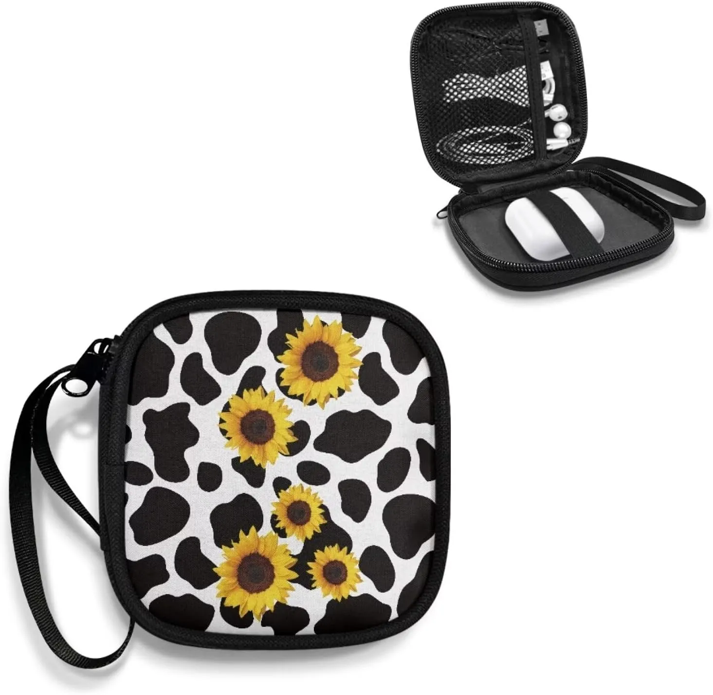 Cow Sunflower Square Earbud Case Portable Headphone Organizer Wired Ear Bud Case Bluetooth Headset Storage Bag with Handle for Date Cable Storage