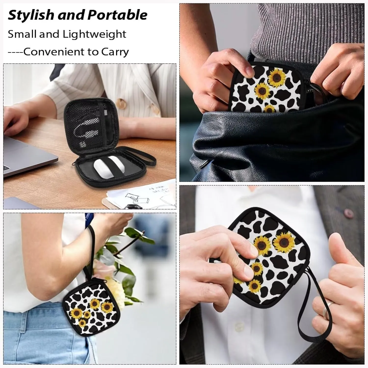 Cow Sunflower Square Earbud Case Portable Headphone Organizer Wired Ear Bud Case Bluetooth Headset Storage Bag with Handle for Date Cable Storage
