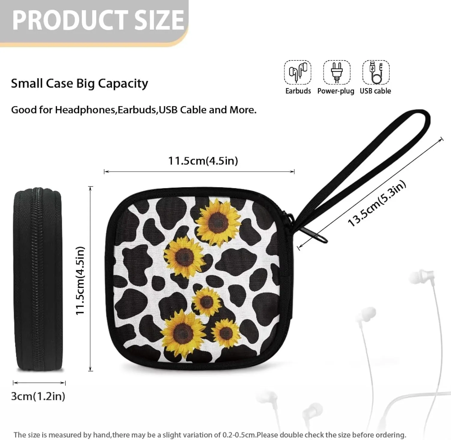 Cow Sunflower Square Earbud Case Portable Headphone Organizer Wired Ear Bud Case Bluetooth Headset Storage Bag with Handle for Date Cable Storage