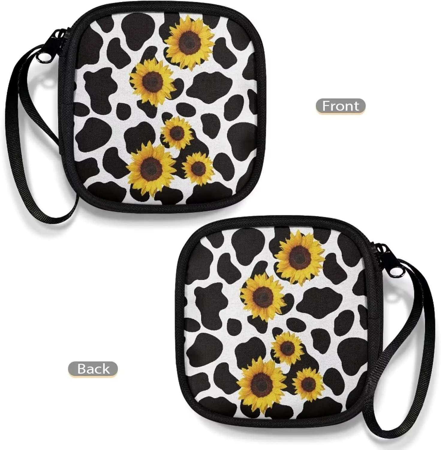Cow Sunflower Square Earbud Case Portable Headphone Organizer Wired Ear Bud Case Bluetooth Headset Storage Bag with Handle for Date Cable Storage