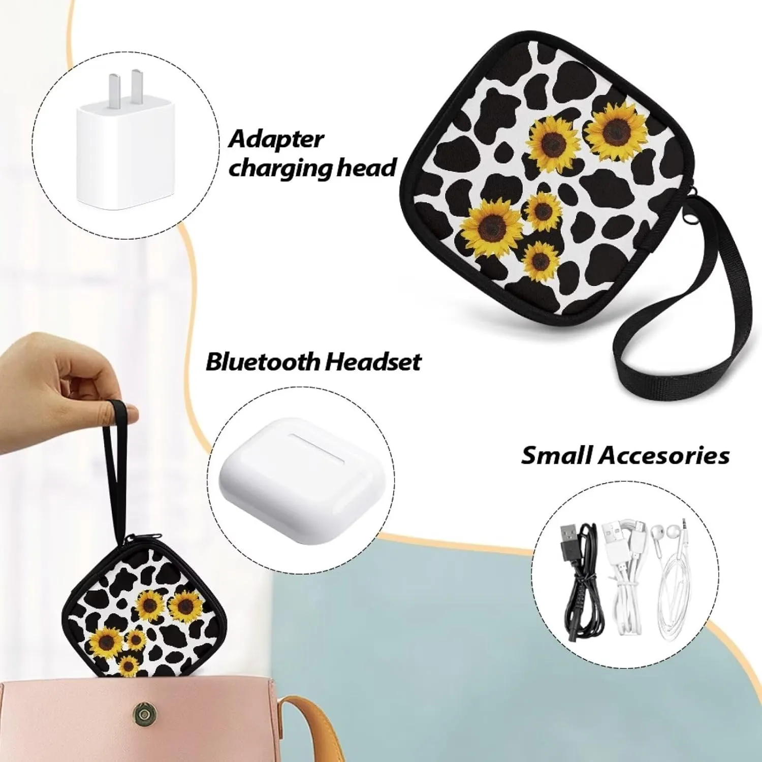 Cow Sunflower Square Earbud Case Portable Headphone Organizer Wired Ear Bud Case Bluetooth Headset Storage Bag with Handle for Date Cable Storage