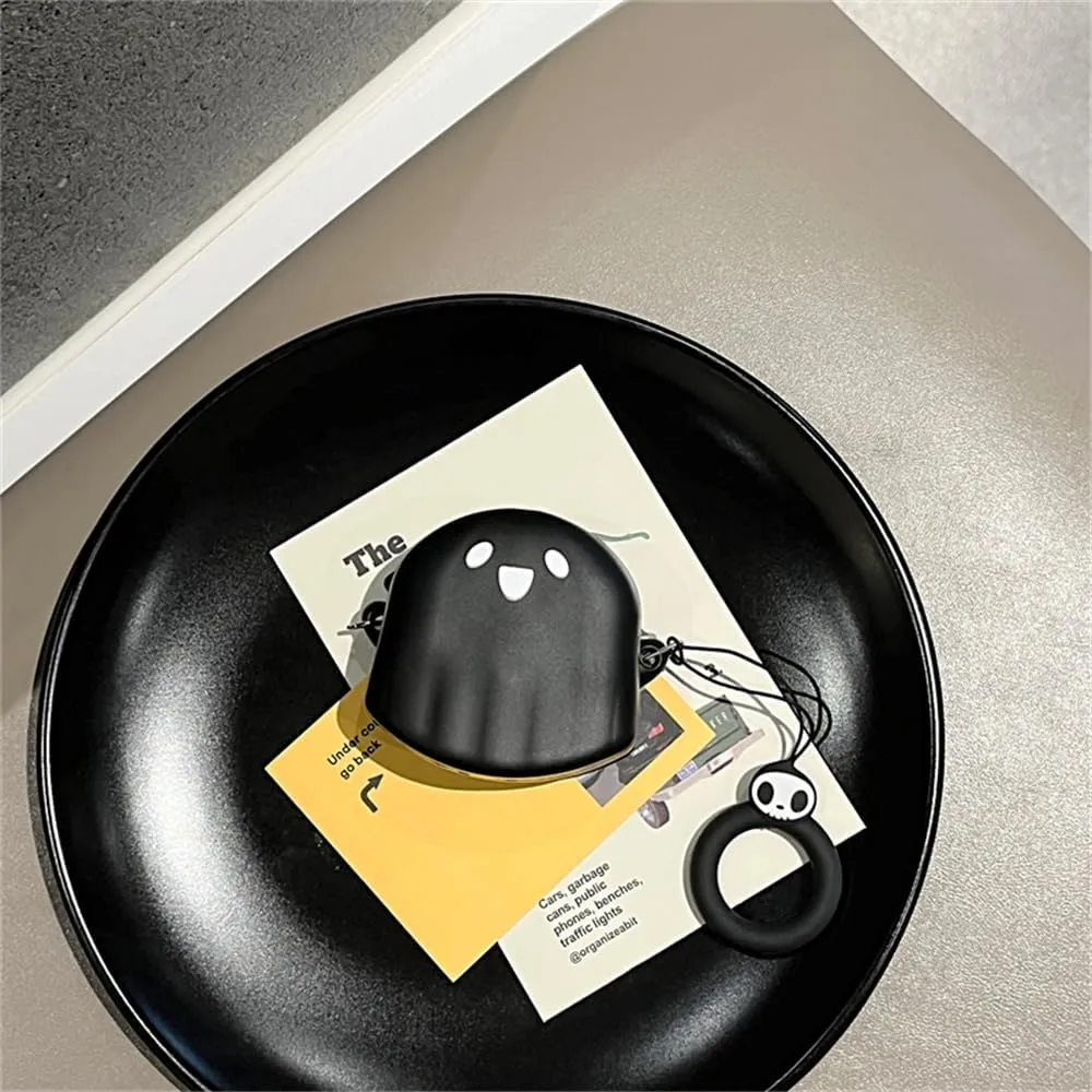 Cute Ghost Shaped Headphone Case,Available in Transparent/White/Black Colors,with Hooks for Easy Carrying,Cover for Samsung Galaxy Buds 2/Buds pro/Buds FE/Buds Live/Buds 2 pro (Black)