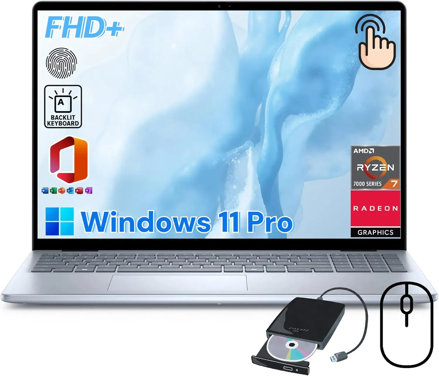 Dell Inspiron 16 Touchscreen Laptop - 16" FHD  Computer - AMD Ryzen 7 8840U - Windows 11 Pro - Backlit Keyboard - Fingerprint Reader - Free Office Pro & External DVD Drive - 64 GB DDR5   1 TB SSD