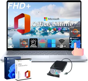 Dell Premium Inspiron-16 AI-Copilot Laptop - w/Office Lifetime& Free CD/DVD Drive  16" FHD Touch Display  Ryzen 7 8840U  Windows 11 Pro  Backlit KB  Fingerprint Reader(64GB DDR5  4TB SSD)