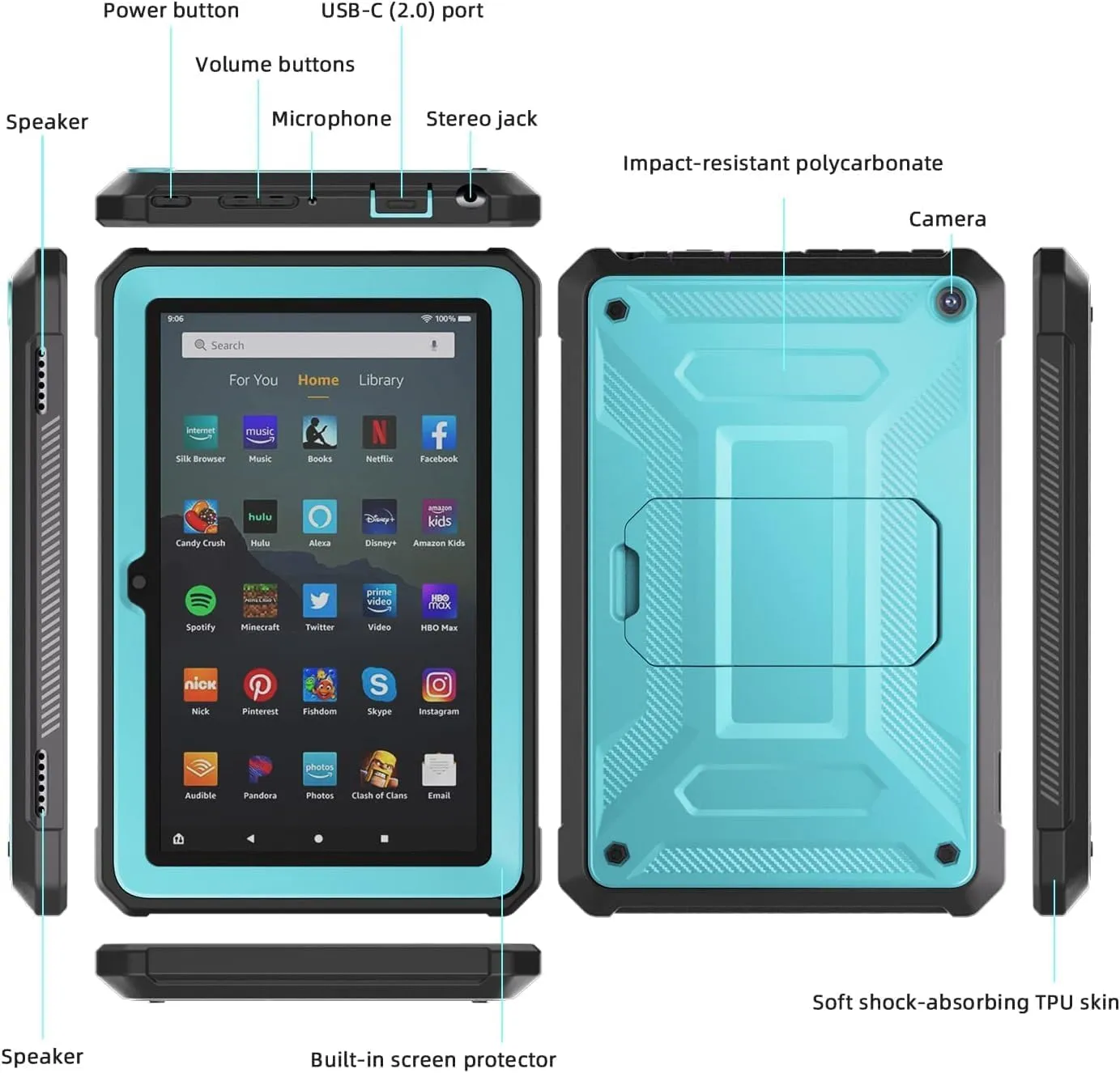 DJ&RPQ All-New 8 & 8 Plus Tablet (12th Generation, 2024 Release) 8,Incompatible iPad Samsung Full Body Rugged Hands-Free Viewing Stand Back Cover with Screen Protector-Blue