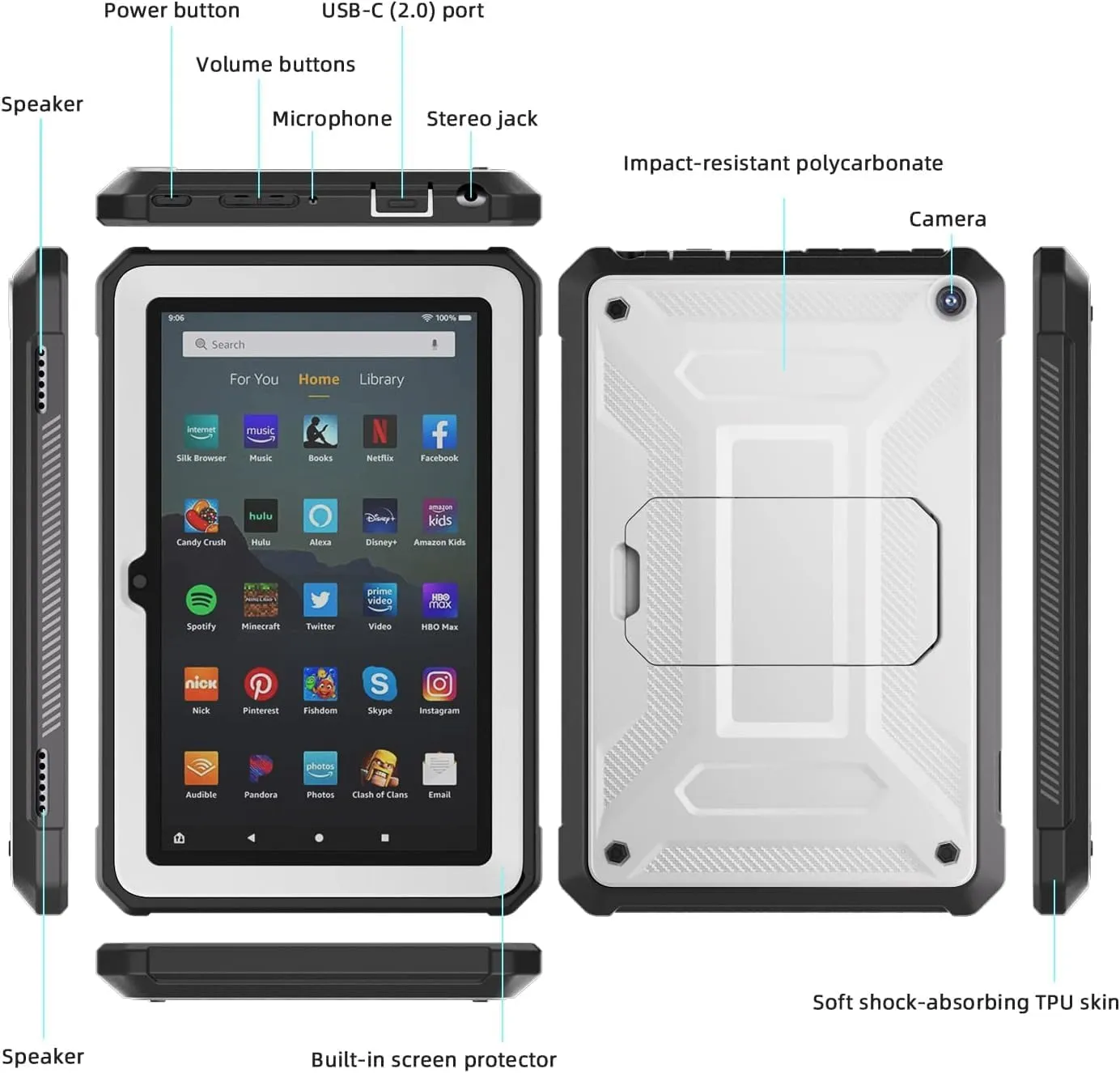 DJ&RPQ All-New 8 & 8 Plus Tablet (12th Generation, 2024 Release) 8,Incompatible iPad Samsung Full Body Rugged Hands-Free Viewing Stand Back Cover with Screen Protector-Gray