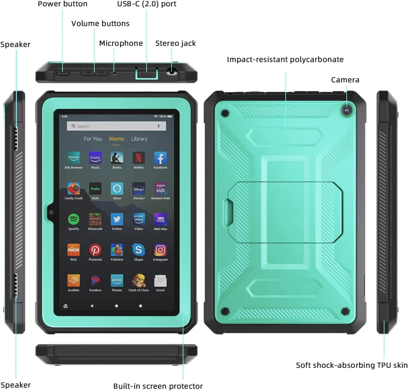 DJ&RPQ All-New 8 & 8 Plus Tablet (12th Generation, 2024 Release) 8,Incompatible iPad Samsung Full Body Rugged Hands-Free Viewing Stand Back Cover with Screen Protector-Green