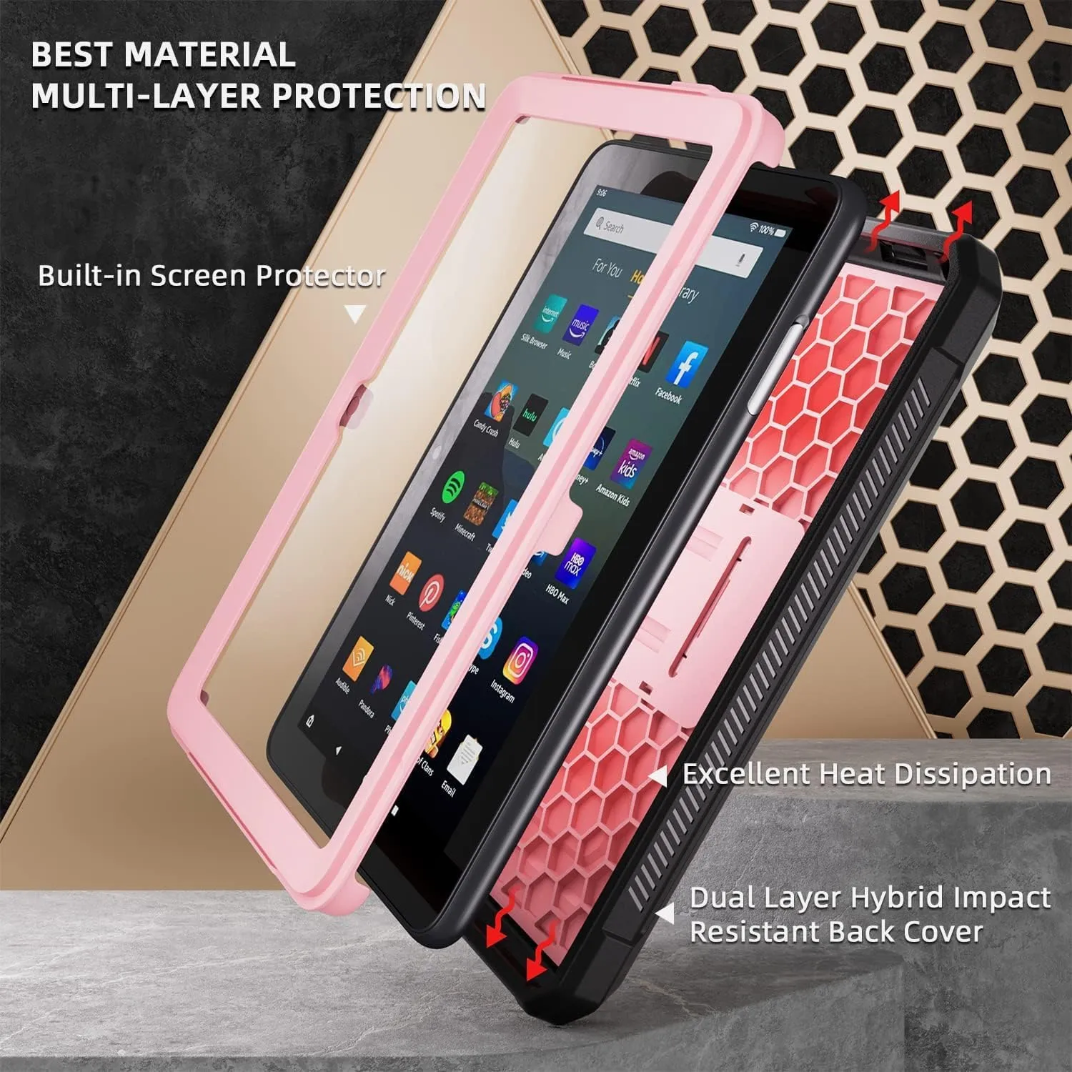 DJ&RPQ All-New 8 & 8 Plus Tablet (12th Generation, 2024 Release) 8,Incompatible iPad Samsung Full Body Rugged Hands-Free Viewing Stand Back Cover with Screen Protector-Pink