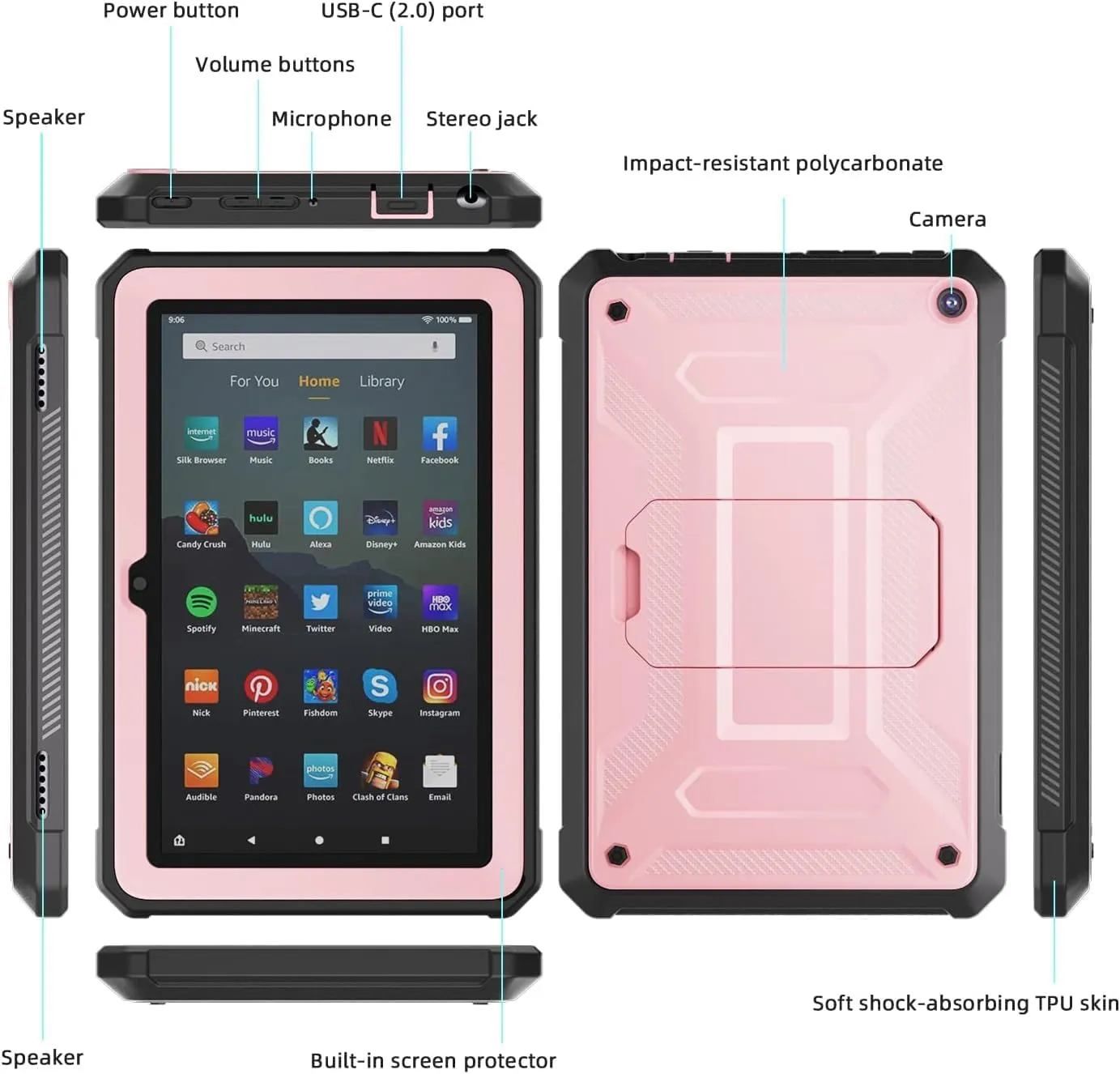 DJ&RPQ All-New 8 & 8 Plus Tablet (12th Generation, 2024 Release) 8,Incompatible iPad Samsung Full Body Rugged Hands-Free Viewing Stand Back Cover with Screen Protector-Pink