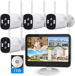[Dual Lens 2K 2K&10X Zoom] Home Wireless Security Camera System with 12.5" LCD Monitor Outdoor, 10CH Kit 4PCS House WiFi Camera 1TB HDD