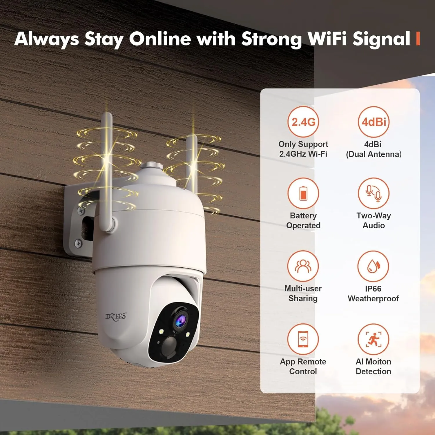 Dzees 360 PTZ Security Cameras Wireless Outdoor WiFi, 2K Battery Powered Home Security Camera Indoor, Spotlight & Siren, Color Night Vision, 2-Way Talk, AI Motion Detection, IP66 2-Pack
