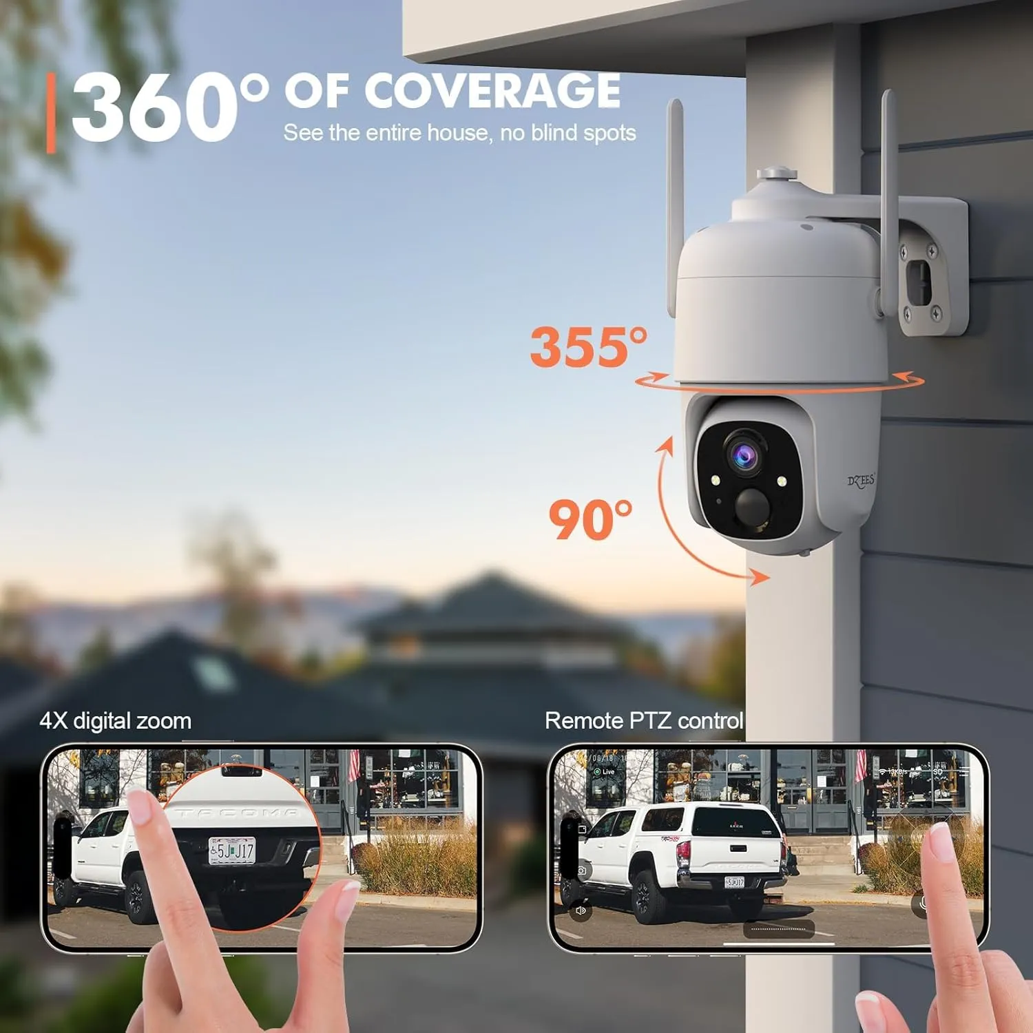 Dzees 360 PTZ Security Cameras Wireless Outdoor WiFi, 2K Battery Powered Home Security Camera Indoor, Spotlight & Siren, Color Night Vision, 2-Way Talk, AI Motion Detection, IP66 2-Pack