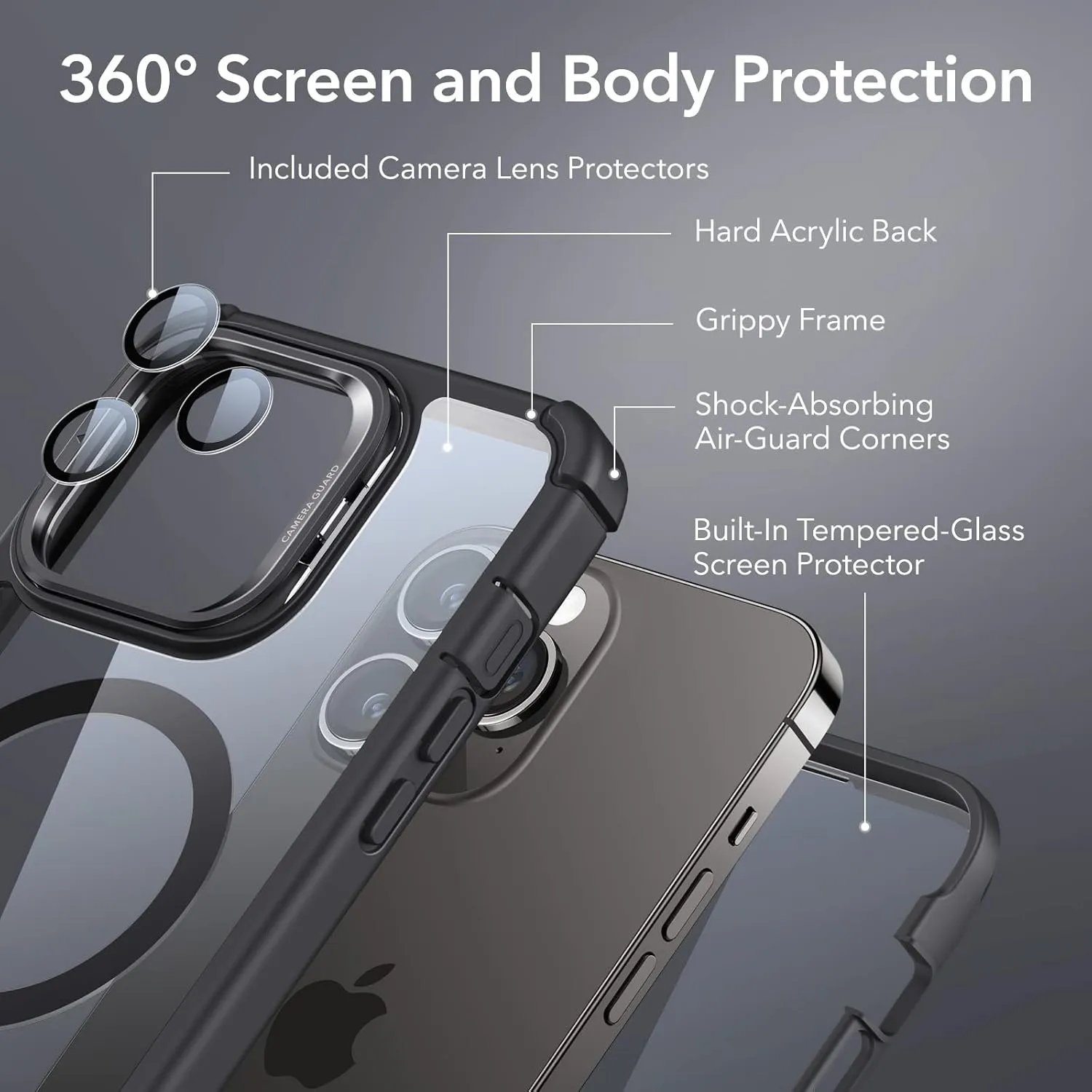 ESR for iPhone 14 Pro Max Case with Stand, Compatible with MagSafe, Full-Body Military-Grade Drop Proof Case with Built-in 9H  Tempered Glass Screen Protector, Armor Series, Clear Black