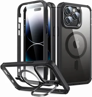 ESR for iPhone 14 Pro Max Case with Stand, Compatible with MagSafe, Full-Body Military-Grade Drop Proof Case with Built-in 9H  Tempered Glass Screen Protector, Armor Series, Clear Black