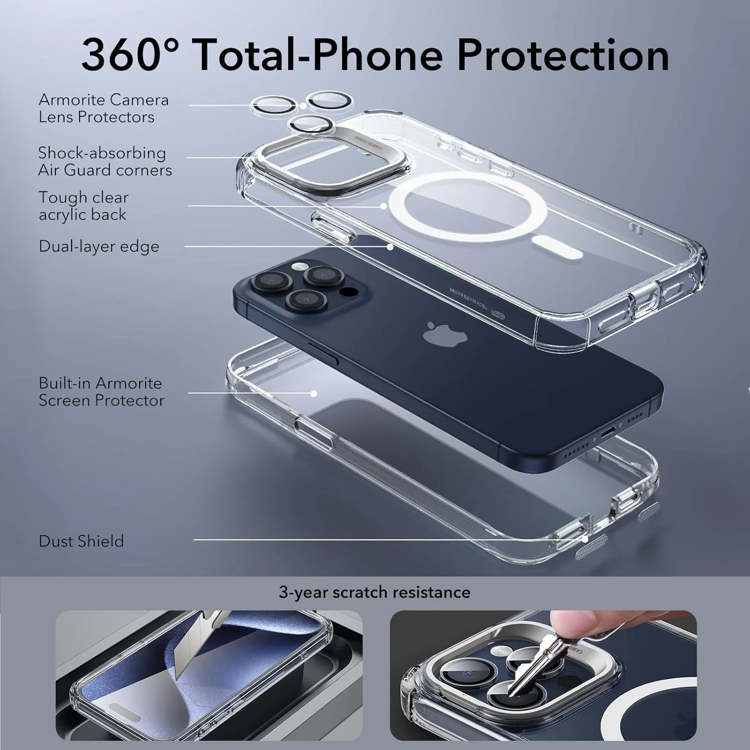 ESR for iPhone 14 Pro Max Case with Stand, Compatible with MagSafe, Full-Body Military-Grade Drop Proof Case with Built-in 9H  Tempered Glass Screen Protector, Armor Series, Clear