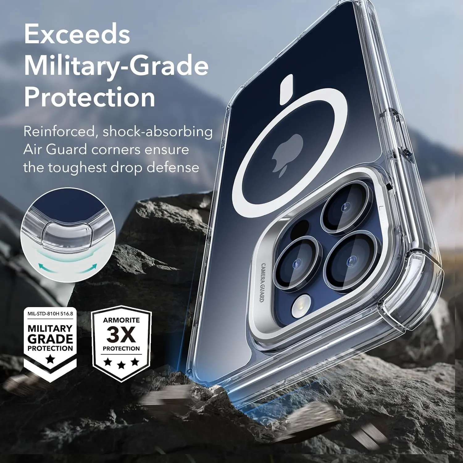 ESR for iPhone 14 Pro Max Case with Stand, Compatible with MagSafe, Full-Body Military-Grade Drop Proof Case with Built-in 9H  Tempered Glass Screen Protector, Armor Series, Clear