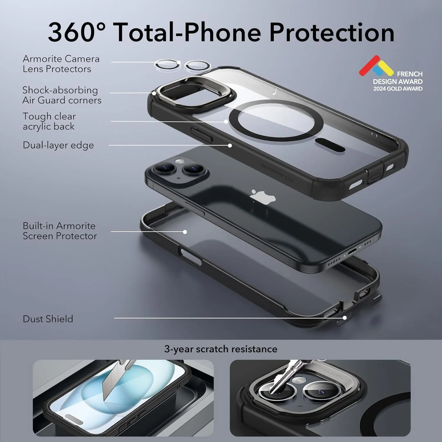 ESR for iPhone 15 Case with Stand, Compatible with MagSafe, Full-Body Military-Grade Drop Proof Case with Built-in 9H  Tempered Glass Screen Protector, Armor Series, Clear Black