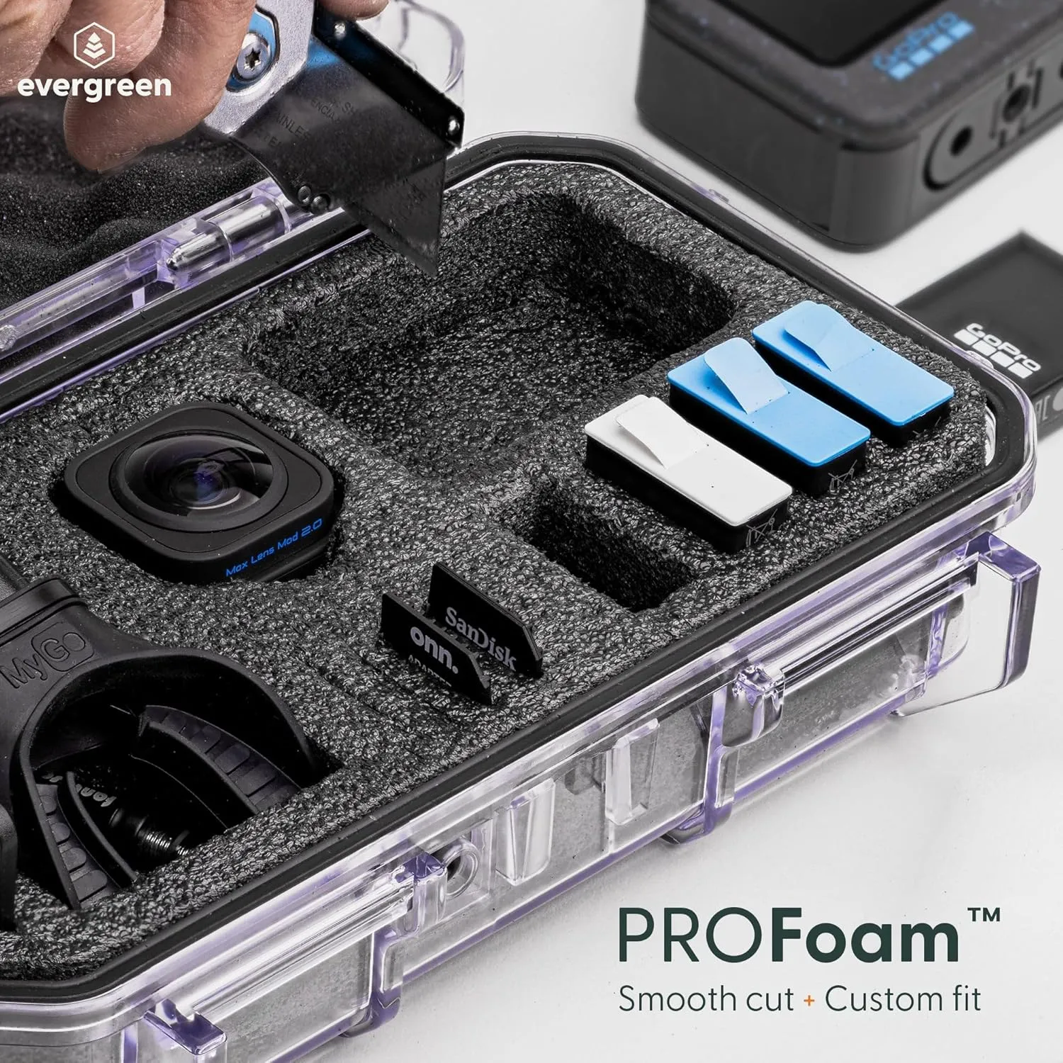 Evergreen ToughBox Tech Organizer  For Camera, Cables, Hard Drives, Compatible with GoPro etc. (Medium, PROFoam, Clear)