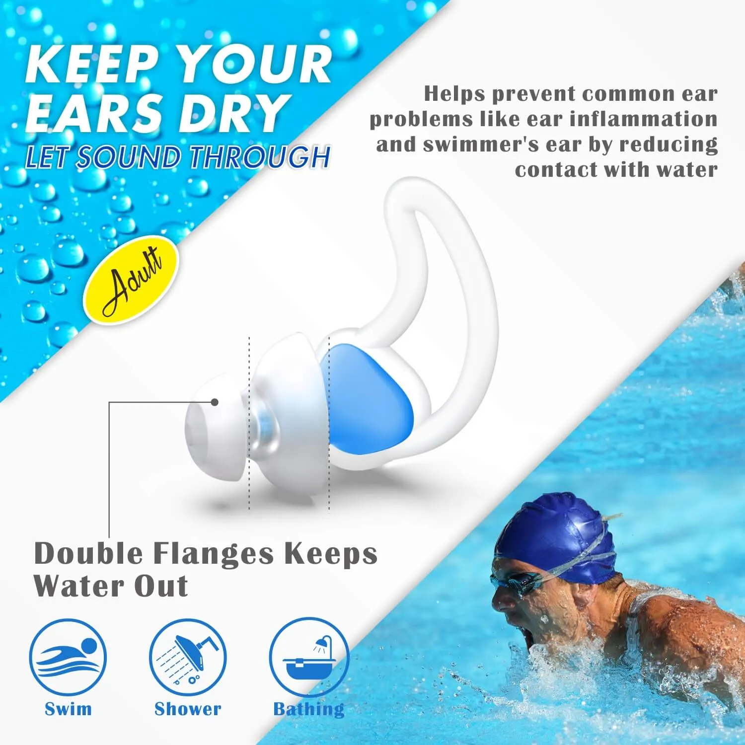 Fin-like - Hearprotek 2 Pairs Custom-fit Swimming Ear Plugs for Adults