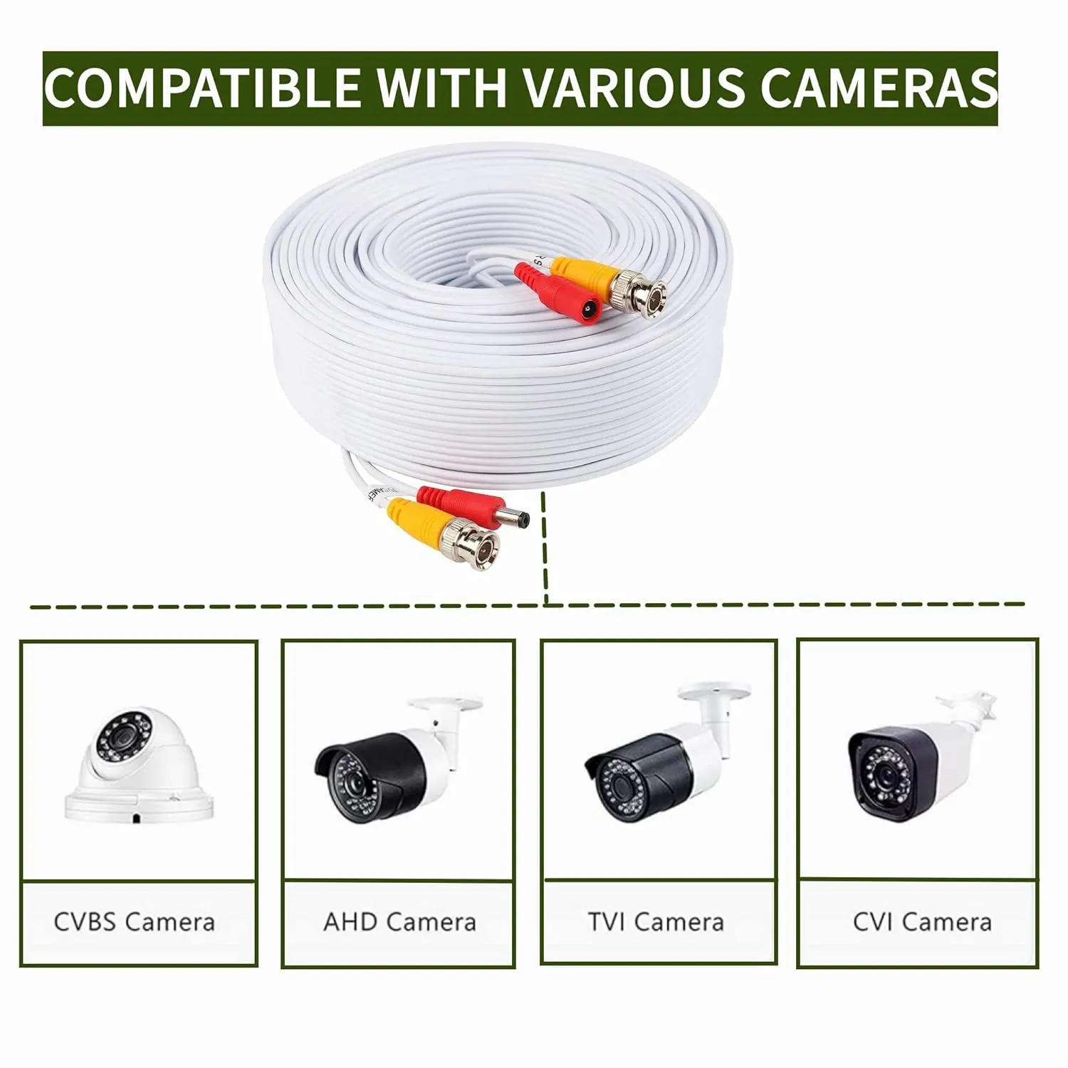 FITE ON Security Camera Cable 50ft All-in-One BNC Video Power Cables, BNC Extension Wire White Cord for CCTV Camera DVR Security System (50FT)