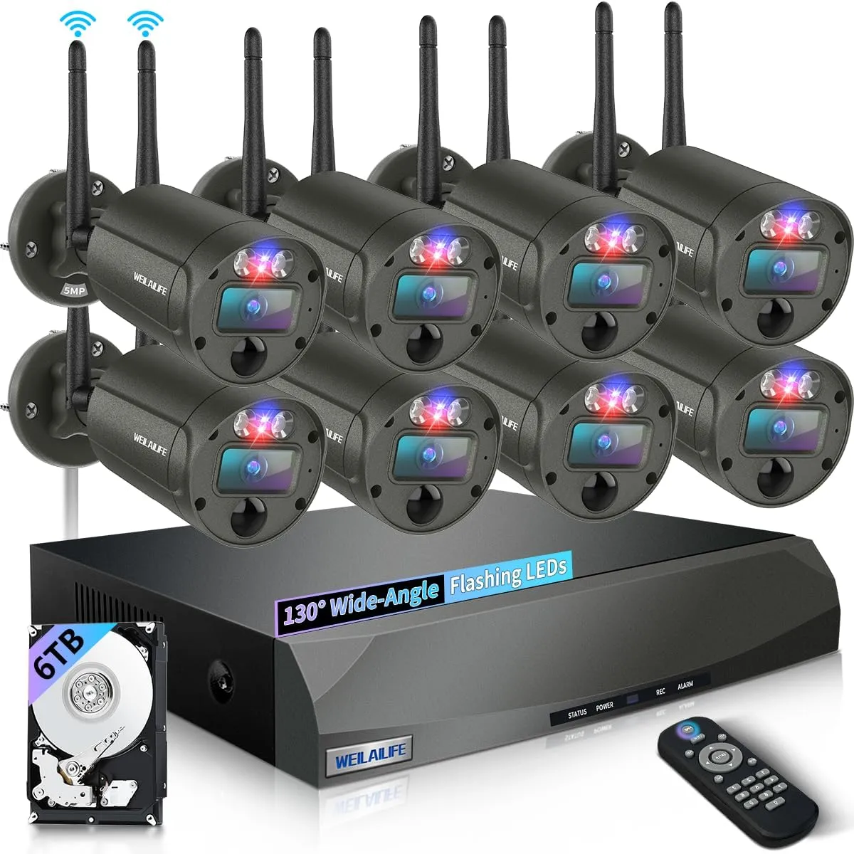 Flashing LEDs Visual Alert Outdoor Wireless Security Camera System, Wireless Cameras for Home Security, WiFi Video Surveillance, NVR Surveillance Camera System