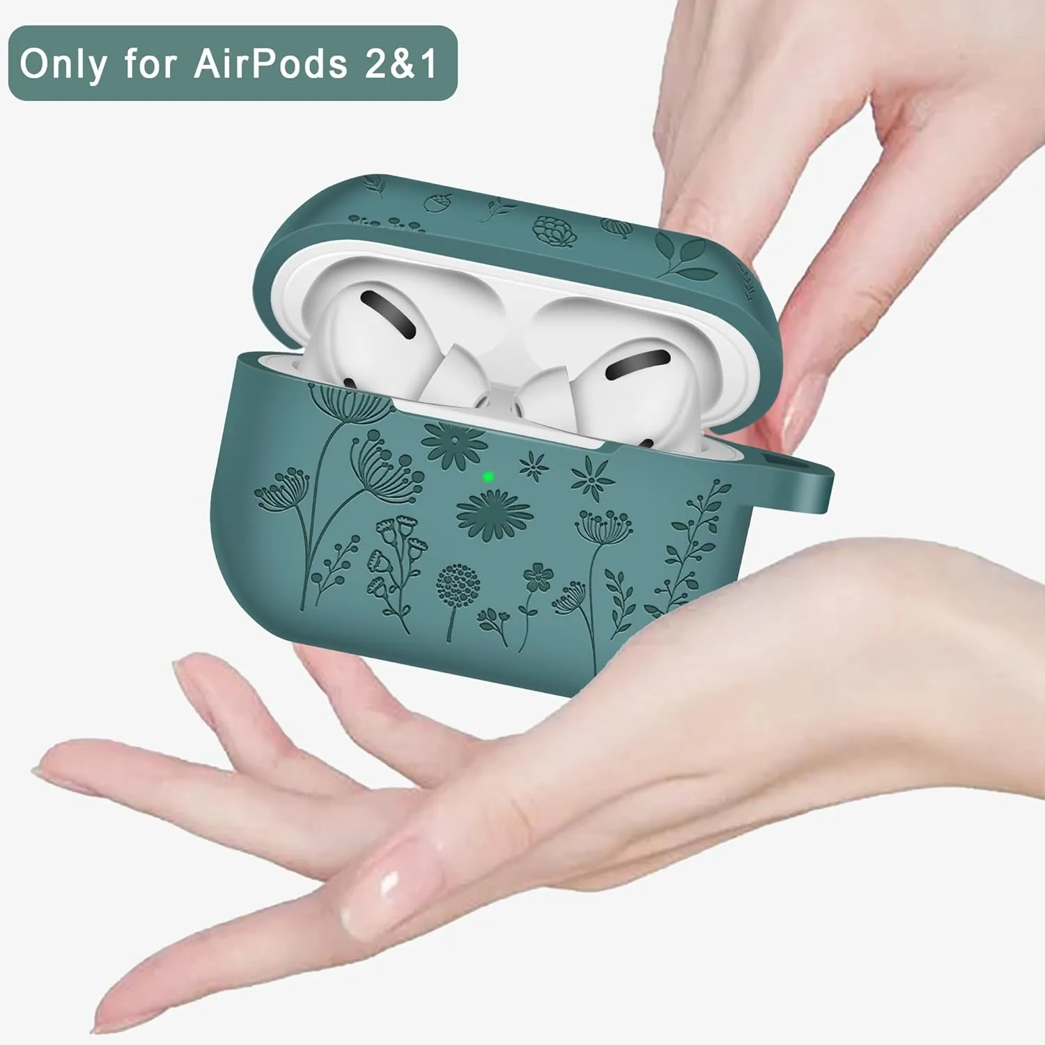 Flower Engraved Case for AirPods Pro 2nd/1st Generation Case Cover - 4 in 1 Magnetic Straps Lanyard Cute Two-Tone Floral Soft Silicone Cover for AirPods Pro Case Cleaner Kit for Women Gift PineGreen