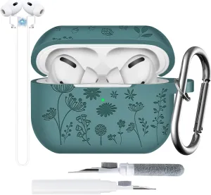 Flower Engraved Case for AirPods Pro 2nd/1st Generation Case Cover - 4 in 1 Magnetic Straps Lanyard Cute Two-Tone Floral Soft Silicone Cover for AirPods Pro Case Cleaner Kit for Women Gift PineGreen