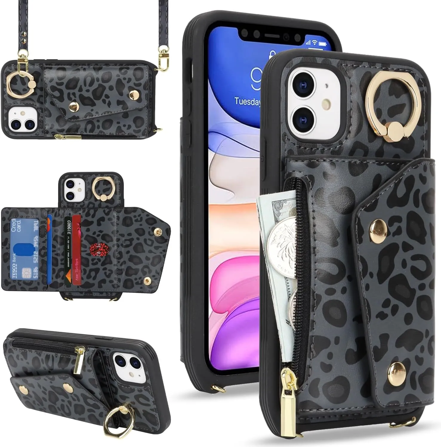 for iPhone 11 Case with Card Holder and Strap - Zipper Pocket,Crossbody Lanyard Strap,Credit Card Holder,Stand Ring,Cute Phone Wallet Case for Women(Black Leopard,6.1 Inch)