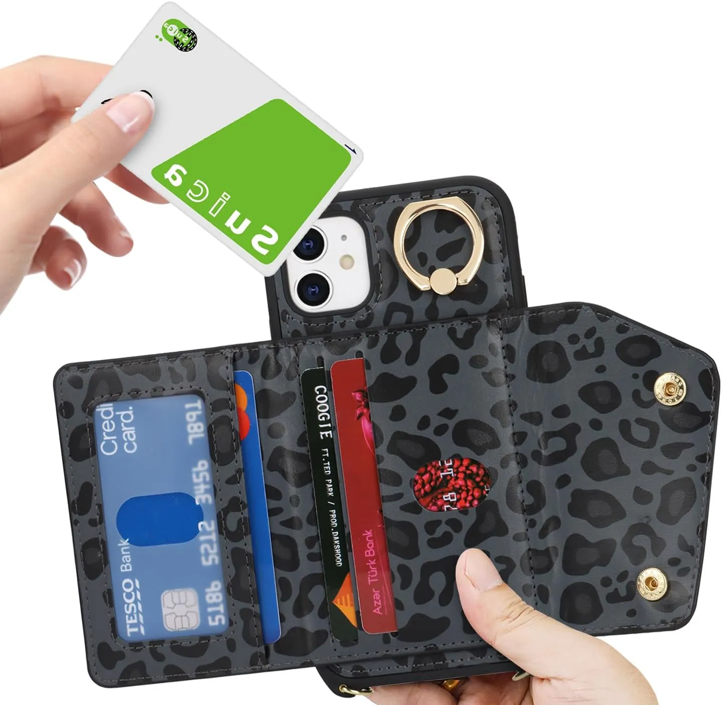 for iPhone 11 Case with Card Holder and Strap - Zipper Pocket,Crossbody Lanyard Strap,Credit Card Holder,Stand Ring,Cute Phone Wallet Case for Women(Black Leopard,6.1 Inch)