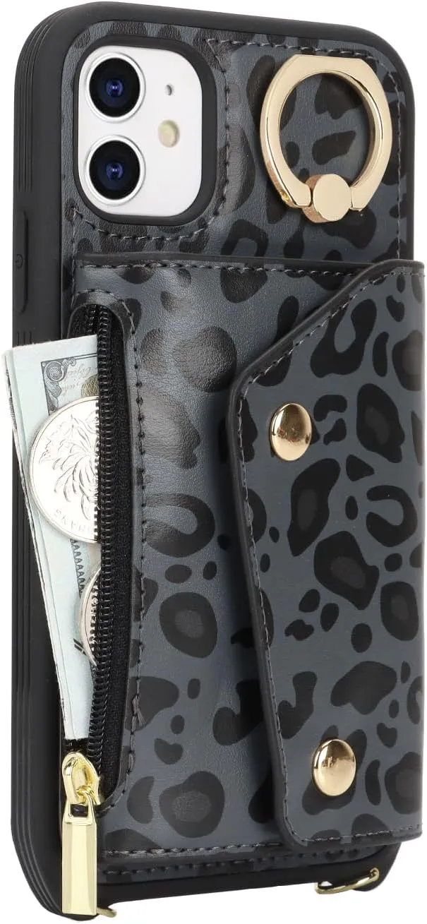 for iPhone 11 Case with Card Holder and Strap - Zipper Pocket,Crossbody Lanyard Strap,Credit Card Holder,Stand Ring,Cute Phone Wallet Case for Women(Black Leopard,6.1 Inch)
