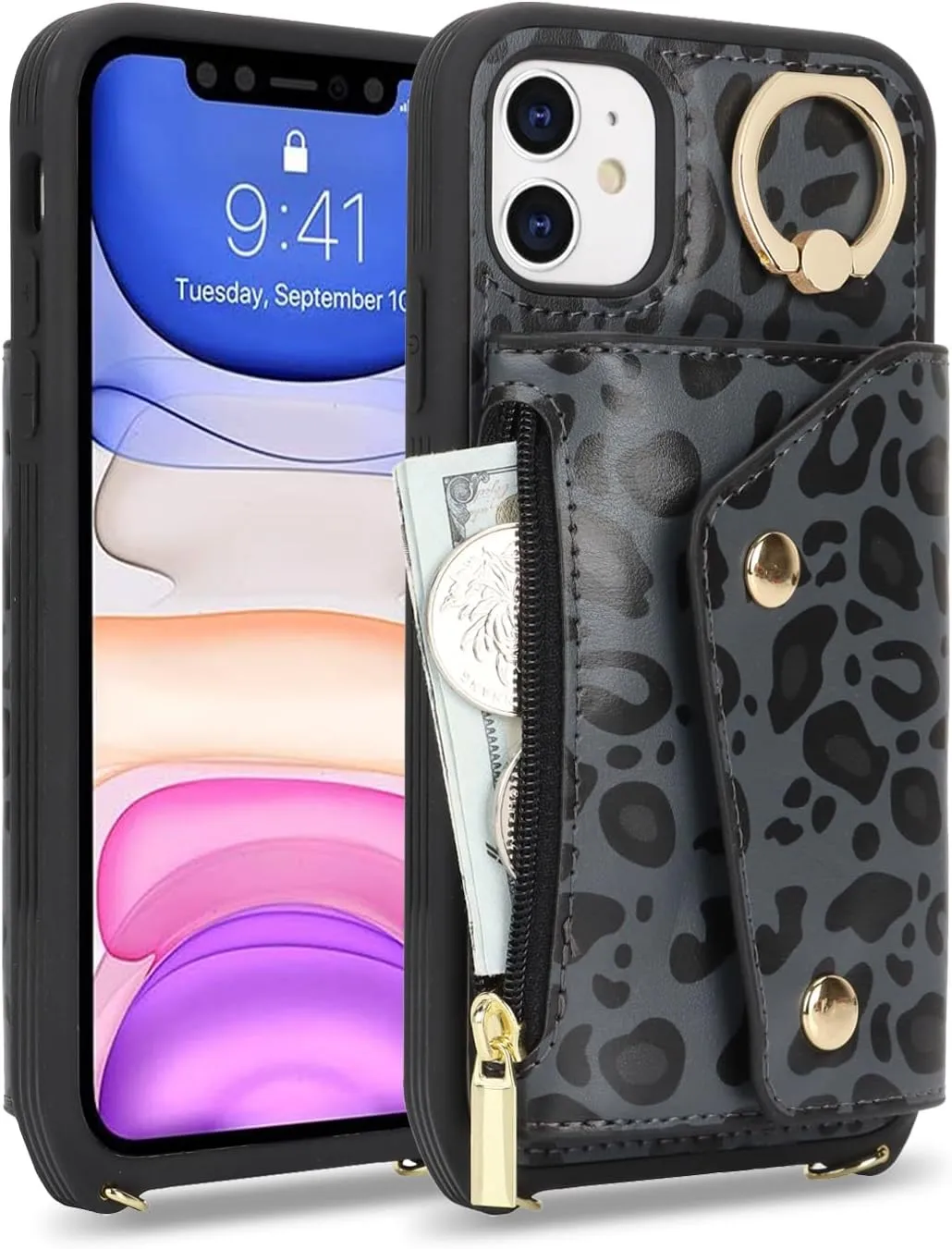 for iPhone 11 Case with Card Holder and Strap - Zipper Pocket,Crossbody Lanyard Strap,Credit Card Holder,Stand Ring,Cute Phone Wallet Case for Women(Black Leopard,6.1 Inch)