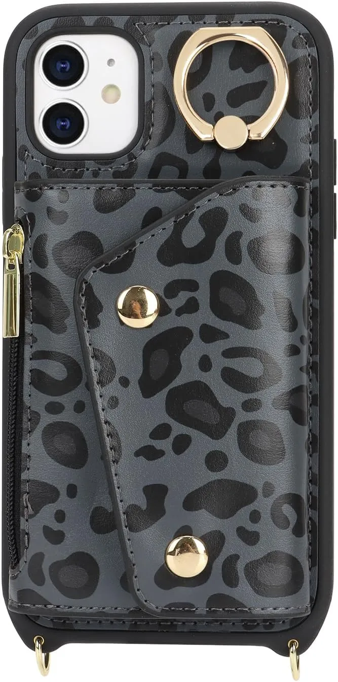 for iPhone 11 Case with Card Holder and Strap - Zipper Pocket,Crossbody Lanyard Strap,Credit Card Holder,Stand Ring,Cute Phone Wallet Case for Women(Black Leopard,6.1 Inch)