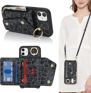 for iPhone 11 Case with Card Holder and Strap - Zipper Pocket,Crossbody Lanyard Strap,Credit Card Holder,Stand Ring,Cute Phone Wallet Case for Women(Black Leopard,6.1 Inch)