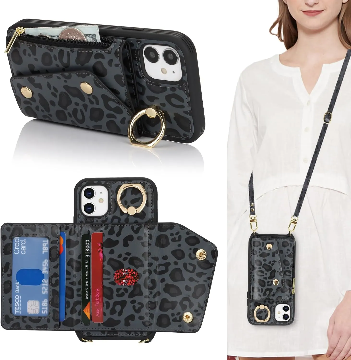 for iPhone 11 Case with Card Holder and Strap - Zipper Pocket,Crossbody Lanyard Strap,Credit Card Holder,Stand Ring,Cute Phone Wallet Case for Women(Black Leopard,6.1 Inch)