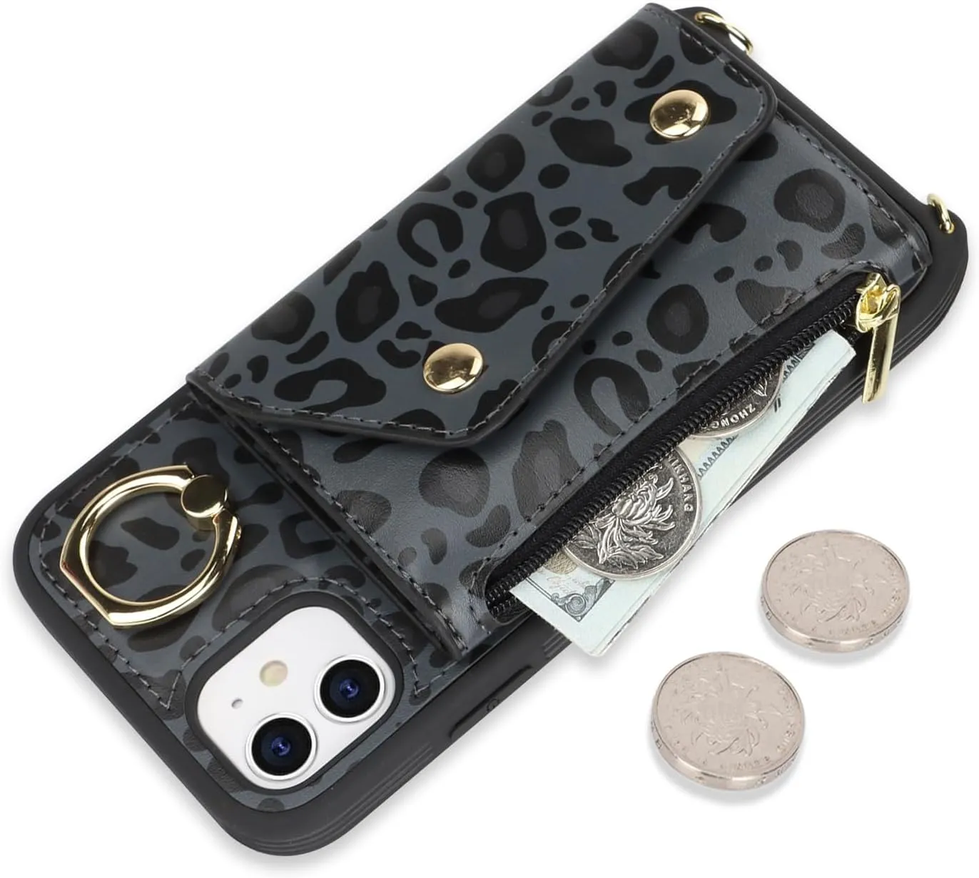 for iPhone 11 Case with Card Holder and Strap - Zipper Pocket,Crossbody Lanyard Strap,Credit Card Holder,Stand Ring,Cute Phone Wallet Case for Women(Black Leopard,6.1 Inch)